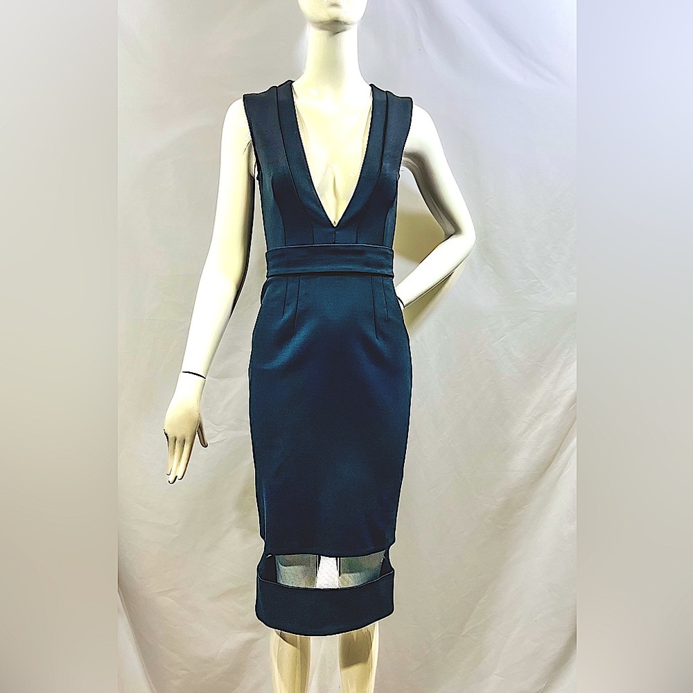 NICHOLAS Women's Black Cocktail Low Plunge V-Neck Sleeveless Midi Dress SZ- 2